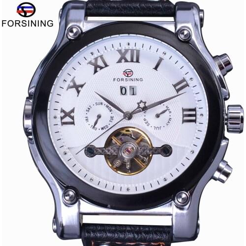 Forsining Fashion Casual Calendar Tourbillion White Dial Genuine Leather Men Watches Luxury Top Brand Automatic Mechanical Watch