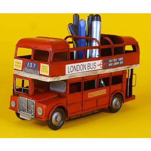 European Style Iron Painting Creative Small Bus Car Decoration Bus Model Pen Holder