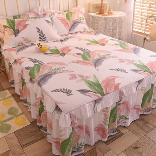 Cilected Korean 100% Cotton Printed Lace Edge Bed Skirt Sheets Nordic Breathable Non-slip Bedspread Mattress Cover Home Decor