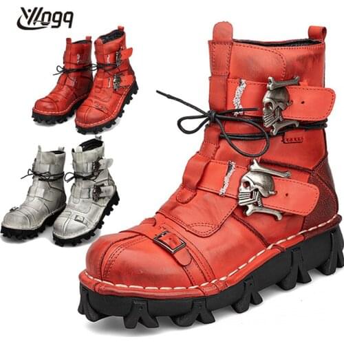 Men Genuine Leather Work and Safety Boots Skull Gothic Martin Boots Punk Motorcycle Boots Basic Ankle Boots Platform Shoes