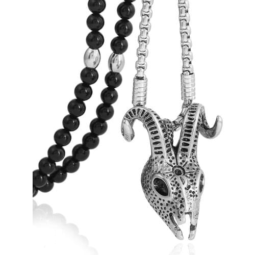 Mens Stainless Steel Goat Head Skull Pendant Necklace with Black Natural Stone Chain 26" for Men Jewelry