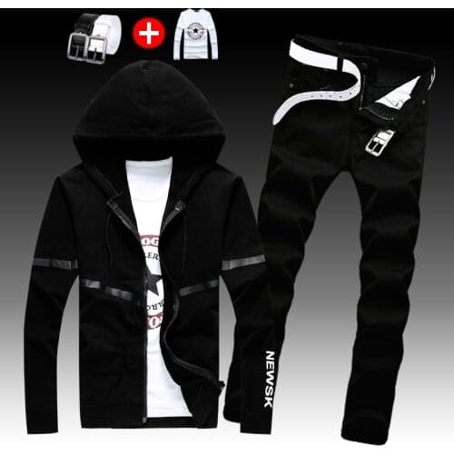 HOT Mens Casual 2pcs Set Hoodie Sweatshirt Top Jeans Pants Long Sleeve Coat Long Black/White Trousers For Male Autumn Clothing