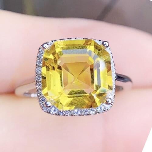 Natural real yellow citrine square big ring Free shipping 10*10mm 4.2ct gemstone 925 sterling silver Fine jewelry J215275