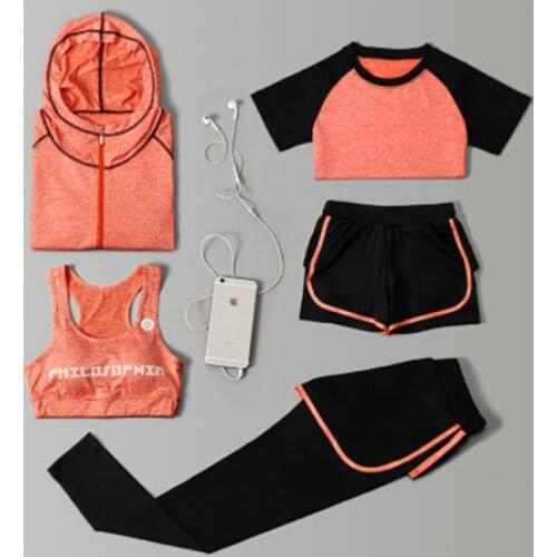 New arrival women 5 pieces set coats+t shirt+bra+shorts+pants quick dry yoga clothing autumn outdoor sport running fitness gym