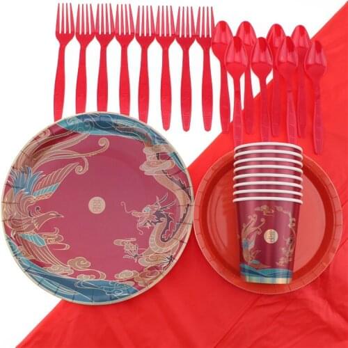 41Pc/Set Dragon and Phoenix Theme Disposable Tableware Baby Birthday Decoration Shower Tablecloths Spoons Napkins Party Supplies