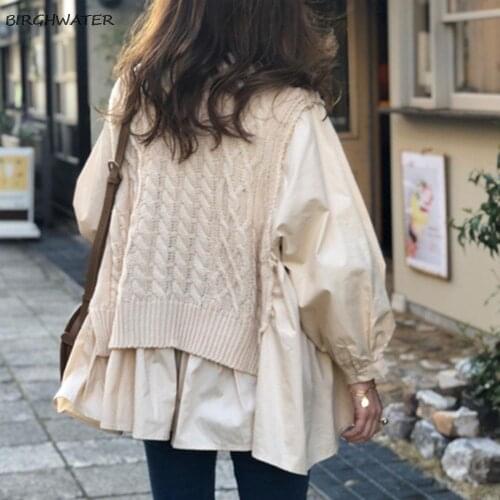 Autumn Vest Stitching Shirt Fake Two-piece Temperament Korean Women 2020 New Loose Casual Pullover Lady Round Neck Fashion Tops