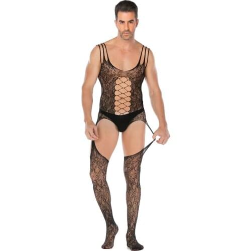 See Through Catsuit Sex Men Porn Sexy Lingerie Mesh Transparent Crotchless Bodysuit Erotic Underwear Sexi Garter Nylon Stockings