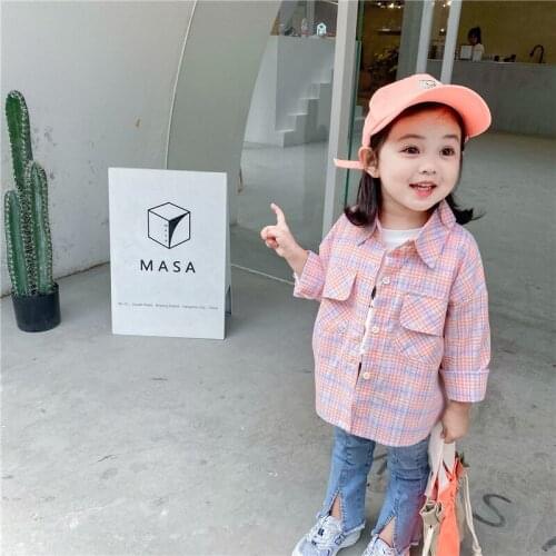 Autumn Toddler Girl Shirt Korean Style Girl Child Pocket Plaid Shirt Jacket 2 3 4 5 6 Years Kids Fashion Blouse Baby Clothes Top