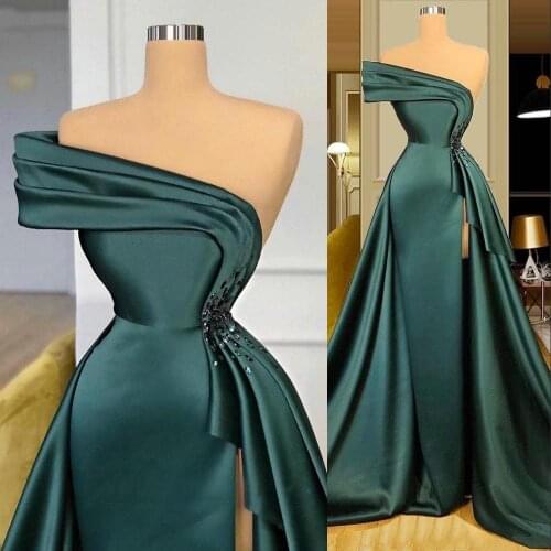 Sexy Long Satin Strapless Formal Evening Dresses A Line High Slit Front Beaded Prom Party Gowns Robe De Soire