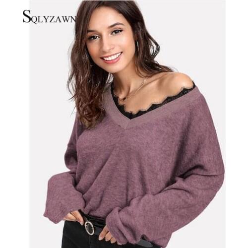 Autumn Winter V Neck Long Sleeve Solid Color Womens Sweater Lace Patchwork Casual Long Sleeve Knit Sweater Sexy Loose Lady Tops