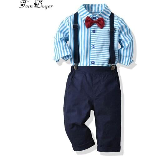 Tem Doger Boy Clothing Sets Kids Boy Clothes Long Sleeve Striped Tie Shirts+Overalls 2PCS Outfits Children Toddler Boys Clothing