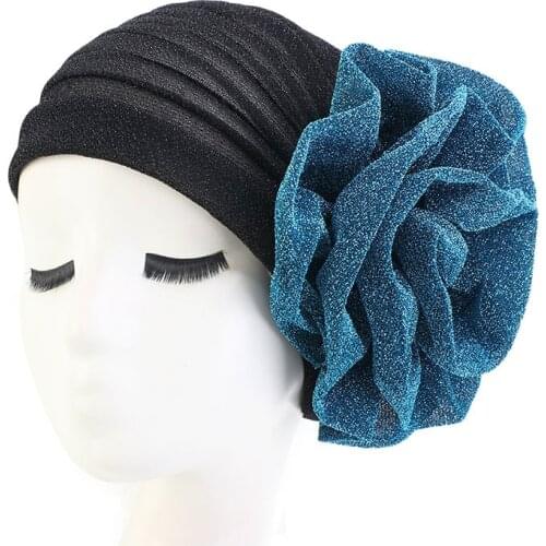 New Fashion Glitter Muslim Turban Big Flower Hat Women Wedding Party Headwear For Ladies Headwrap Caps Hair Accessories