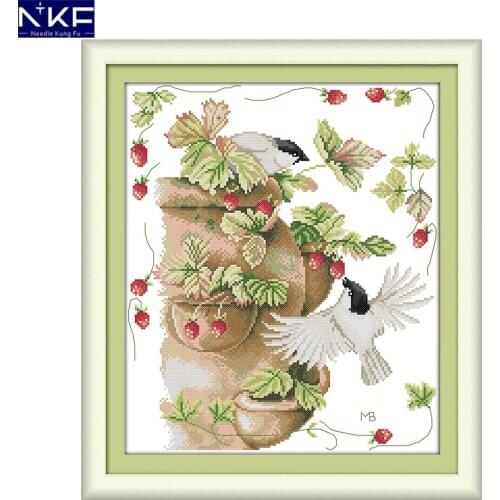NKF Birds and Strawberries Cross Stitch Set Handmade Craft Needlework Cross-Stitch Embroidery Kit Cross Stitch for Home Decor