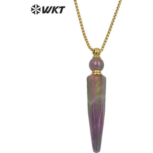 WT-N1282 Wholesale Long bullet shape Aura Amethysts essencial oil necklace lady natural stone perfume bottle necklace