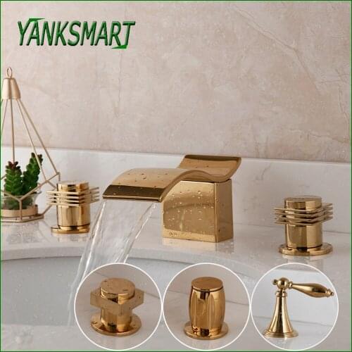 YANKSMART Golden 3 Piece Bathtub Faucet Bathroom Basin Sink Deck Mounted Dual Handles Waterfall Spout Faucets Mixer Water Tap