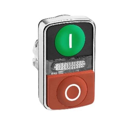 ZB4BW7L3741 Harmony XB4, Illuminated double-headed push button head, metal, Ø22, marked, 1 green flush I + 1 pilot light + 1 red