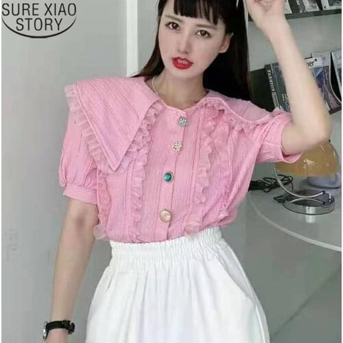 Sweet Puff Sleeve Top Shirt Causal Pink Blouse Women Tops 2021 New Summer Korean Doll Collar Ruffles Blouses Blusa Mujer 14875