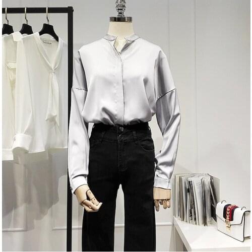Womens Spring Autumn Runway Fashion Gray Satin Shirt Female Casual Loose Office Lady Basic Blouse Tees Tops TB1708
