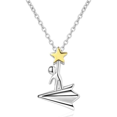 Simple Silver color Star Paper Airplane Necklace for Women Girl Shiny Zircon Clavicle Chain Choker Collares Birthday Gift