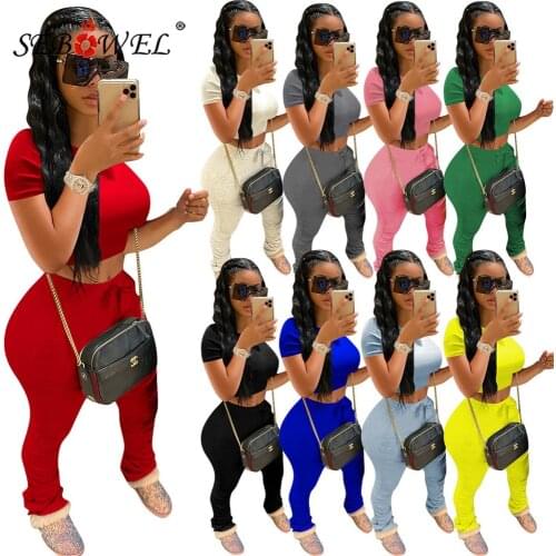 SEBOWEL Woman Summer 2020 Casual 2 Pcs Sets Female Solid Color Short Sleeve Cropped Top + Tight Pants Tracksuit Outfits S-XXXL