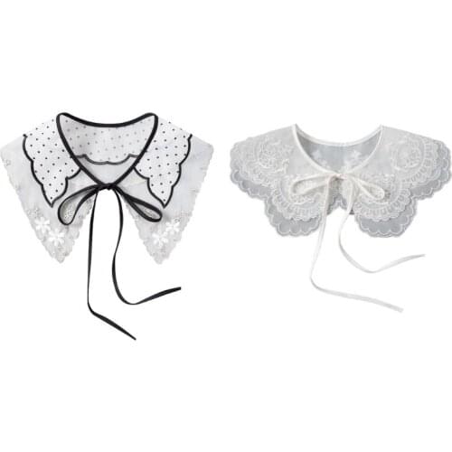 European Style Women Sheer False Collar Shawl Vintage Polka Dot Embroidery Floral Necklace Gothic Retro Self-Tie Bow Dickey G5AE