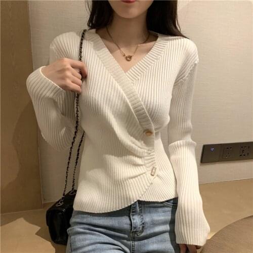 2021 New Korean Chic Knitted Woman Sweaters Fashion Design Coat V-neck Button Irregular Slim Fit Women Sweater Cardigans