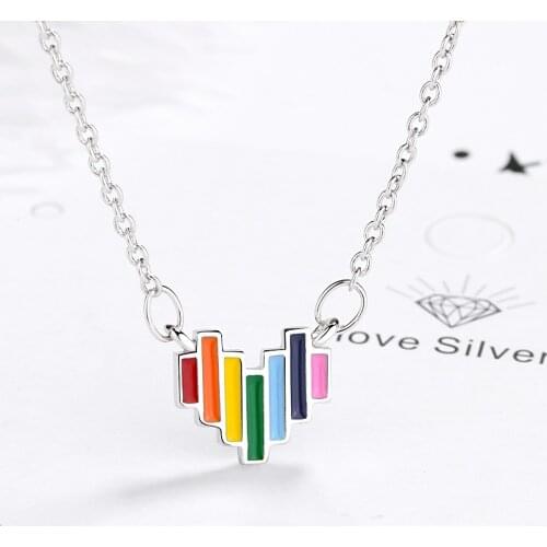 925 Sterling Silver Rainbow Heart Pendant Necklace Clavicle Chain Necklace For Women Anniversary gift S-N485