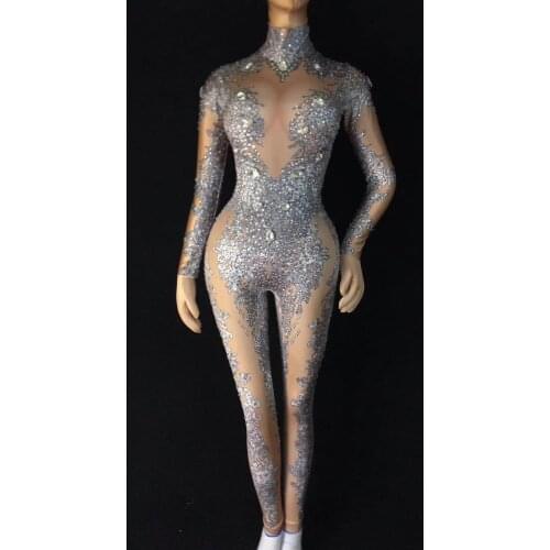 2018 Womens Sexy Rhinestones Bodysuit Stage Outfit Female Singer Gray Leggings Nightclub Nude Crystals Costume Dance Jumpsuit