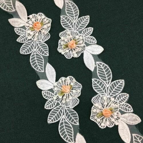 1 yard White 3D Polyester Pearl Rose Flower Embroidered Lace Trim Ribbon Sewing Supplies Craft For Apparel Decoration 6x11.3cm