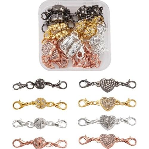 16pcs Mixed Color Alloy Crystal Rhinestone Magnetic Clasps Lobster Claw Clasps Heart and Round Shape for Jewelry Making DIY Find