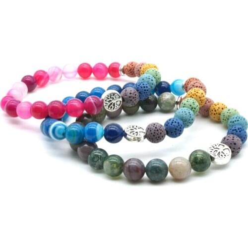 Tree of Life 8mm 7 Chakras Lava Stone Blue Purple Stripe India Beads Bracelet Essential Oil Diffuser Bracelet Yoga Jewelry