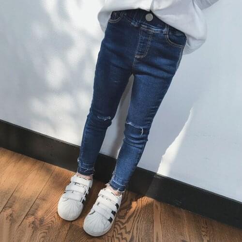 Girls 2-8 Y Spring Autumn Jeans Denim Full Length Pencil Pants Casual Fashion Distrressed Holes Elastic Waist Jeans Trousers