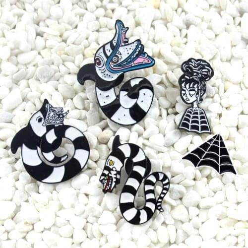 Striped big Snake swallowing snake Spider leprechaun Spider web Enamel brooch Beetlejuice Sandworm Lydia Deets Horror badge