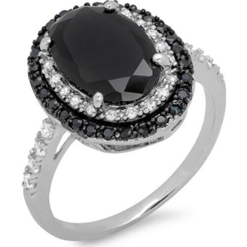 Hainon Fashion Engagement Big Black Oval Zircon Crystal Rings For Women Wedding Ring Lover Silver Color Promise Jewelry Gifts