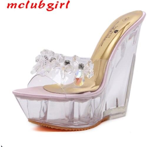 Mclubgirl Glass Drill Crystal Wedge Slippers Female Summer Platform Non-Slip Platform Style Ultra-High-Heel Sandals LFD
