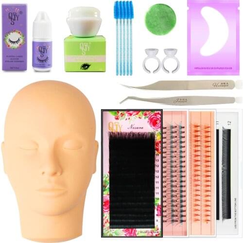 43 in 1False Eyelash Extension Training Kit Practice Model Head Eye Pads Tweezers Glue Ring Brush Grafting Eyelash Tools Kit