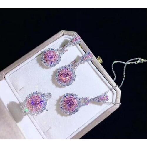 Foreign trade Pendant necklace Earrings set water drop cat eye set pink 925 Sterling women sterling