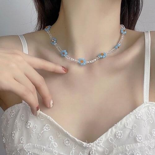 Origin Summer Sweet Vintage Blue Crystal Flower Chokers Necklace for Women Transparent Beaded Party Necklace Jewelry Accessories