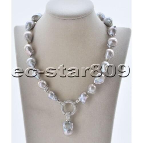 P6697 17" 22mm Gray Baroque Keshi Reborn Pearl Choker Necklace Pendant CZ Ring