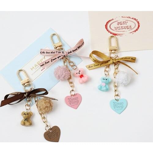 CuteTrendy Girl Bear Rosette Keychains for Women Car Keys Bag Backpack Cloth Pendant Plush Ball Decoration Keyring Charms Gifts