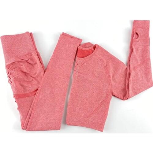 Yoga Sport Two Piece Set Women Long Sleeve Cropped T Shirt Seamless Leggings 2 Piece Set Gym Fitness Push Up Pants Crop Top Suit