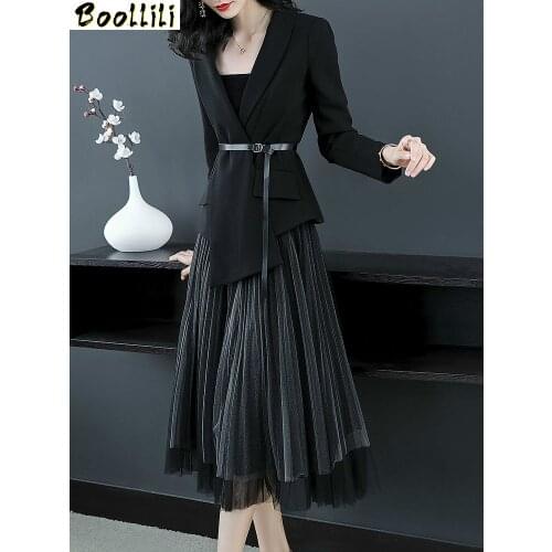2020 Spring Women Elegant Formal Office Dress Lady Style Suit Jacket Tops+Mesh Skirt Casual Two Piece Set Women Clothes