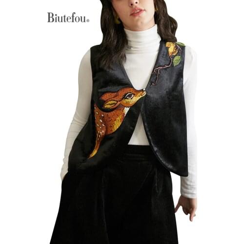 2021 Autumn Women Fawn Branch Embroidery Original Design Velvet Vest