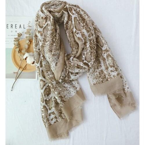 Visual Axles Snake Print Scarf Women Luxury Brand Viscose Pashmina Shawls and Wraps Femme Sequins Decoration Foulard Hijab