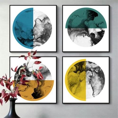 Green Blue Yellow Circle Geometry Ink Landscape Abstraction Feather Canvas Painting Wall Picture Poster Living Room Decoration