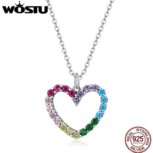 WOSTU 925 Sterling Silver Colorful Love Heart Necklace Rainbow Zircon Long Chain Link Necklace For Women Fashion Jewelry CQN449