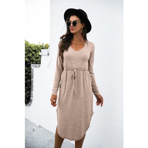Women Robe Femme Spring Autumn Solid Color Pencil Dresses Drawstring Pockets V-Neck Long Sleeve Dress For Woman Vestido De Mujer