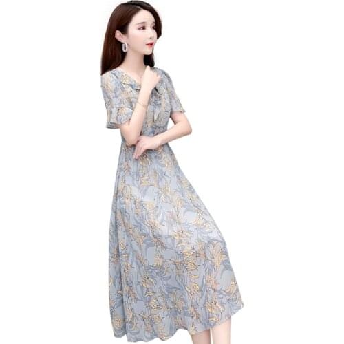 M-XXXL 2019 Summer New Flare Sleeve A-Line dress Woman vintage Print Chiffon dress elegant V-Neck Long Dress women