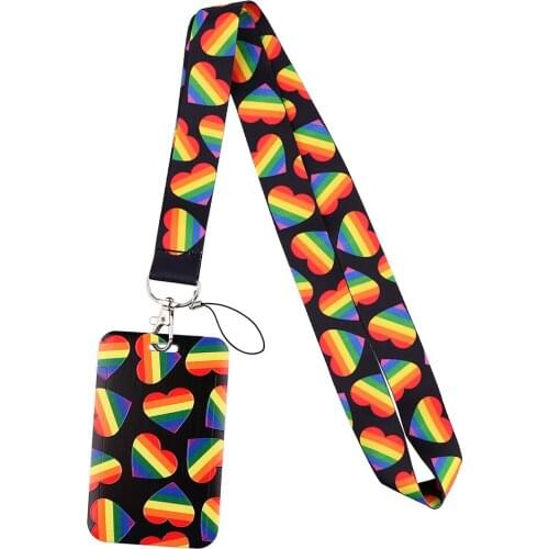 1pcs ZF3342 Rainbow Gay Love Heart-shaped Fashion Buckle Lanyard Bank Credit Card Holder Wallet Bus ID Name Work Card Holder