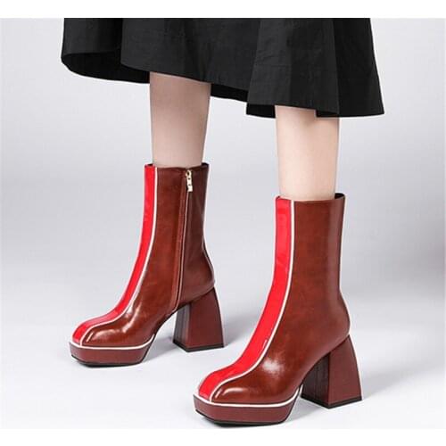 2021 Autumn Women Mid-Calf Boots Genuine Leather Platform Thick Heels Pumps Newest Night Club Shoes Woman Heels black brown